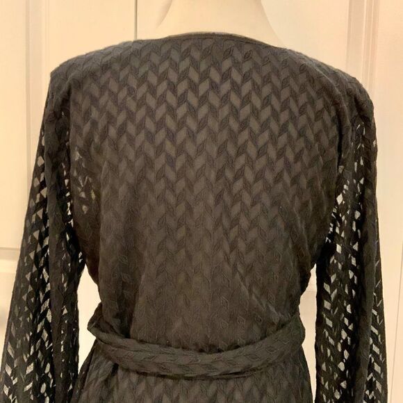 Ann Taylor Black Embroidered Chevron Semi Sheer Long Sleeve Belted Top Medium - Picture 7 of 12